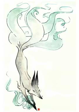 Nine-tailed Fox Watercolor Illustration