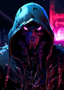 Cyberpunk Hooded Figure with Glowing Eyes