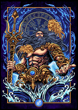 Poseidon Illustration with Trident and Waves