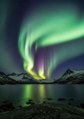Aurora Borealis over Snowy Mountains