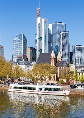 Frankfurt Skyline with River and Boat
