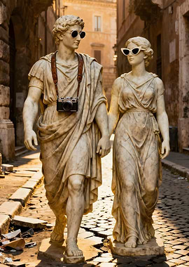 Roman Statues in Love – Tourist Couple Pop-Art Print with Sunglasses