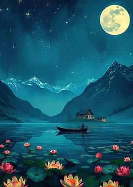 Moonlit Lake Boat Lilies
