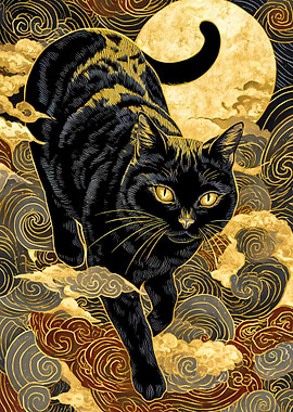 Black Cat and Golden Moon Art