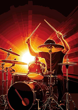 Drummer in Action with Fiery Backdrop