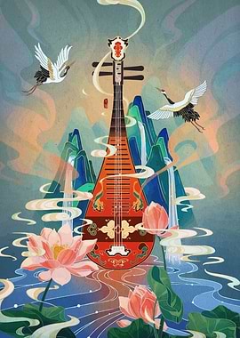 Pipa with Cranes and Lotus Flowers