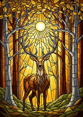 Stained Glass Deer in Forest
