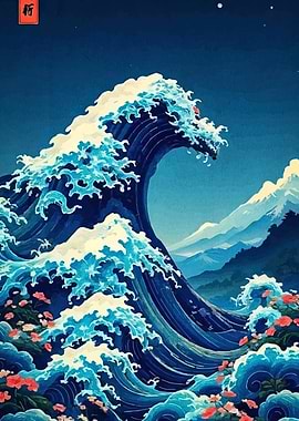 Great Wave with Flowers and Mountains