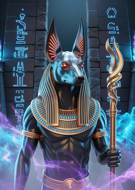 Anubis with Golden Staff and Hieroglyphs