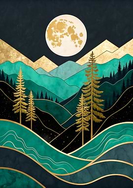 Emerald Moonlight Mountain Art Print Golden Forest