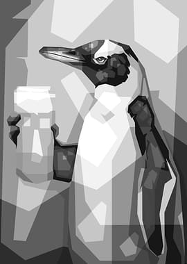 Penguin with a drink in grayscale