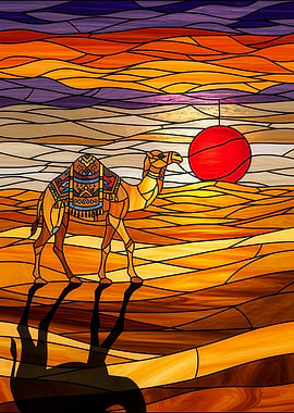 Stained Glass Camel Desert Sunset