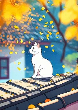 White Cat on Roof with Autumn Leaves