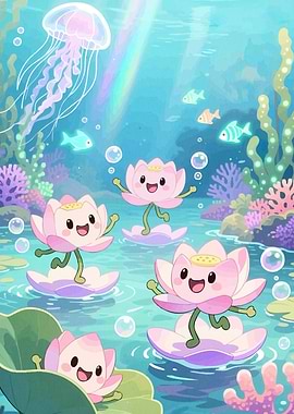 Cute Lotus Flowers Underwater Scene