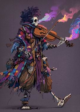 Skeleton Musician Playing Violin with Smoke