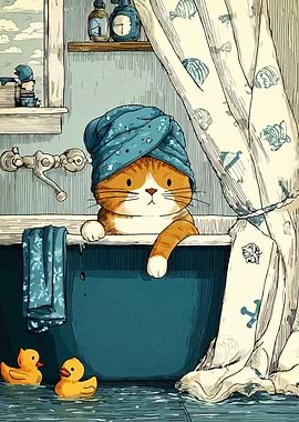 Cat in Bathtub with Towel