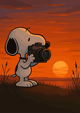 Snoopy taking a picture at sunset