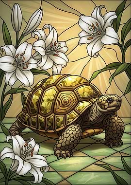 Turtle and Lilies Stained Glass