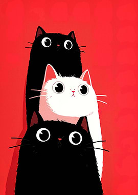 Three Cats Stacked on Red Background