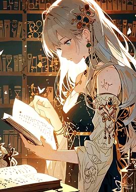 Anime Girl Reading in Library