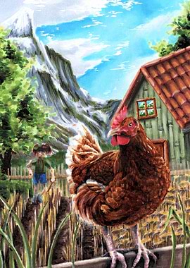 Stardew Valley Chicken on Fence with Mountain View