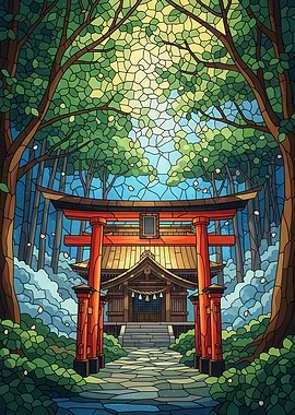 Japanese Shrine in Forest Stained Glass