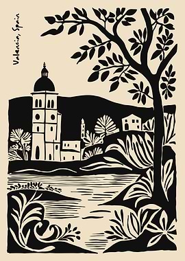 Valencia, Spain Black and Beige Illustration