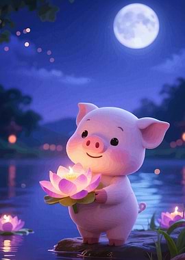 Cute Piglet Lotus Flower Night