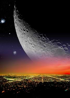 Giant Moon over Los Angeles: Moon Surreal Landscape Poster – Space Wall Art