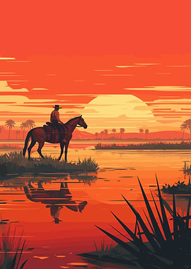 Cowboy on Horse at Sunset