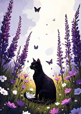 Black Cat in Floral Meadow
