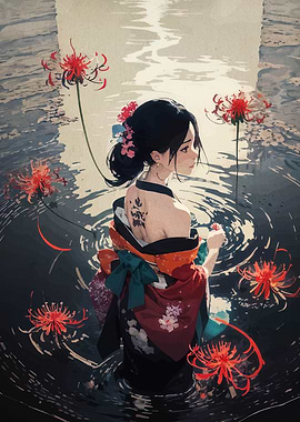 Woman in Kimono with Spider Lilies