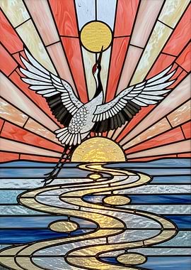 Crane Sunrise Stained Glass