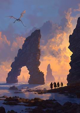 Dragon and Travelers by the Sea