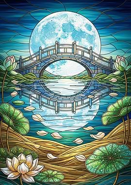 Bridge and Moon Stained Glass