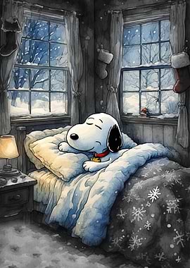 Snoopy Sleeping Winter Watercolor