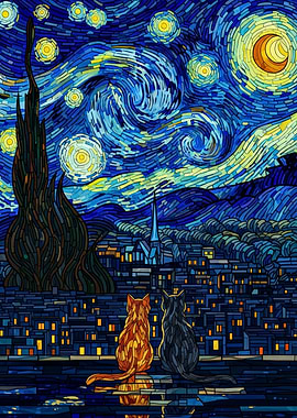 Cats Starry Night Stained Glass Style