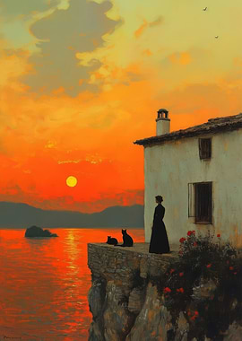 Sunset Serenity with Cats and Woman