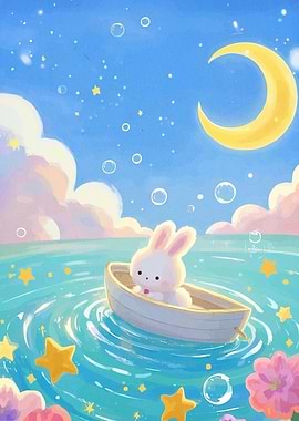 Cute Rabbit Boat Moon