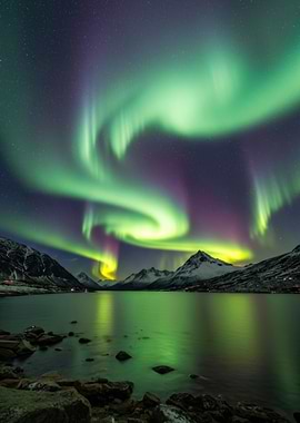 Aurora Borealis over Mountain Lake