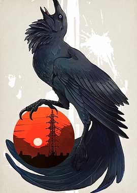 Raven with Sunset and Power Lines