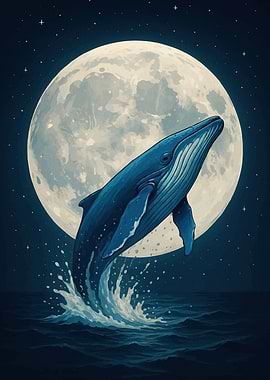 Whale leaping front moon