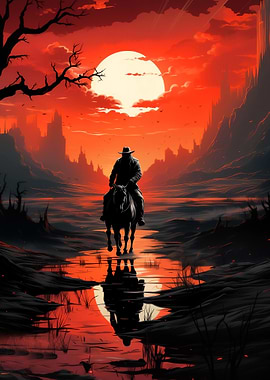 Cowboy on Horseback in Red Landscape