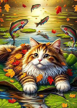 Cat on Lily Pad with Jumping Fish