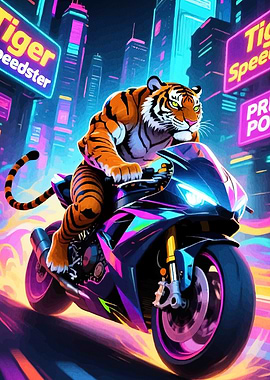 Tiger Motorcycle Neon Cityscape