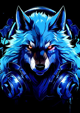 Blue Wolf with Headphones