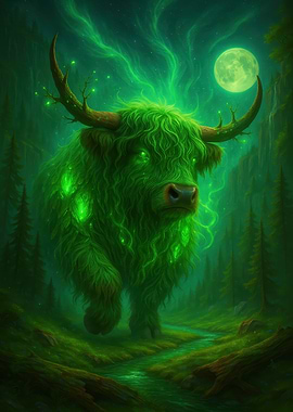 Mystical Green Bull in Forest