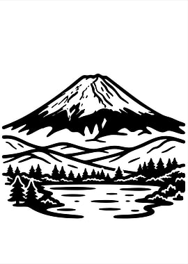 Mount Fuji Black and White Landscape