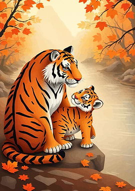 Tiger and Cub Autumn Landscape