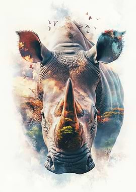 Rhino Double Exposure Wildlife Art
